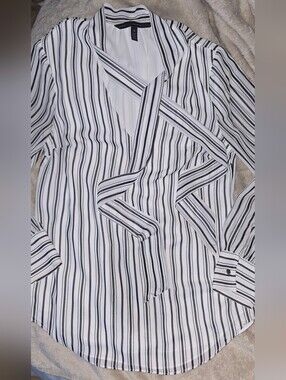 White House Black Market Striped Tie-Front Blouse — Black and White